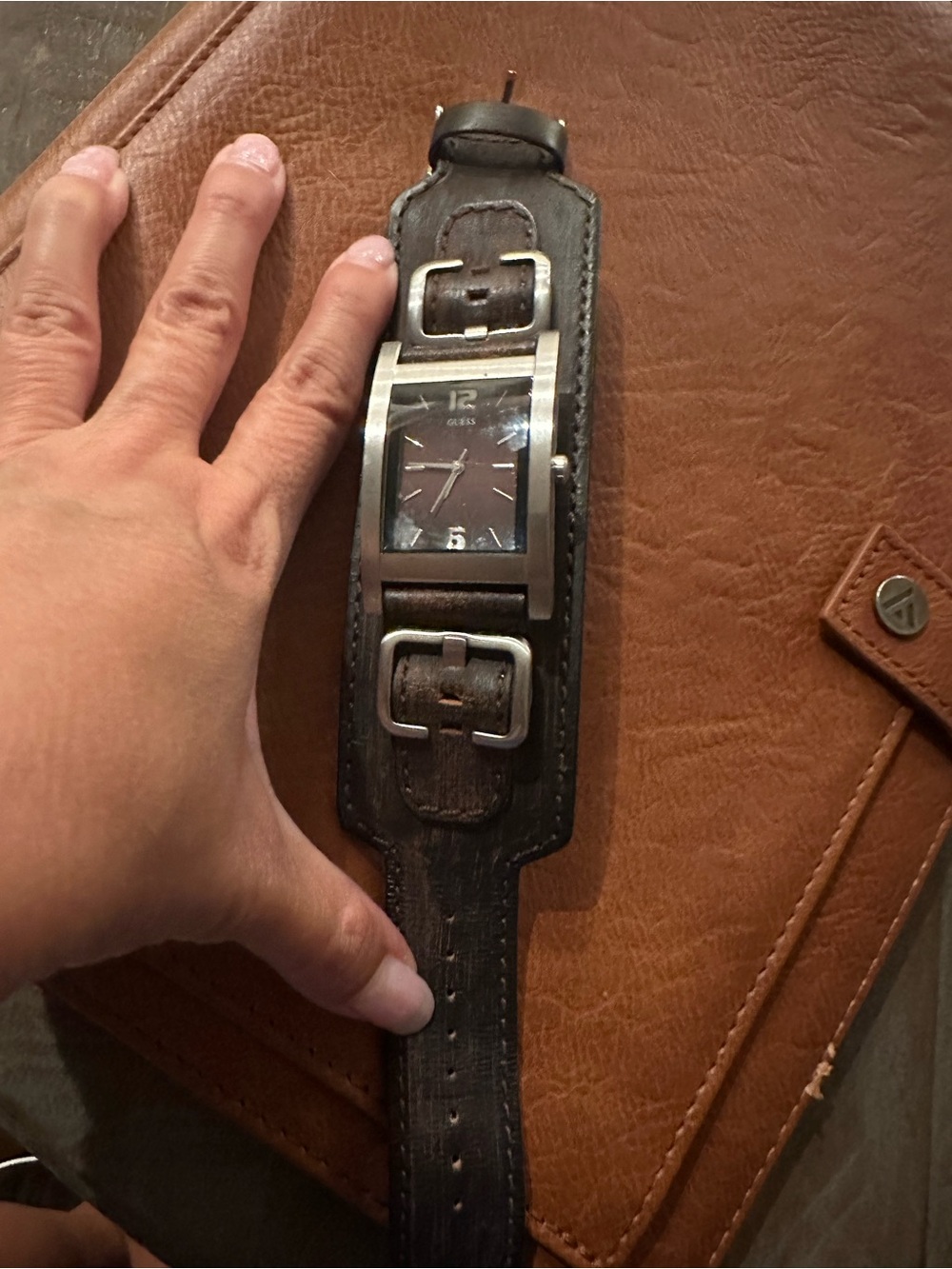 Guess Men's Wide Geniune Leather Strap Watch in Brown and Black